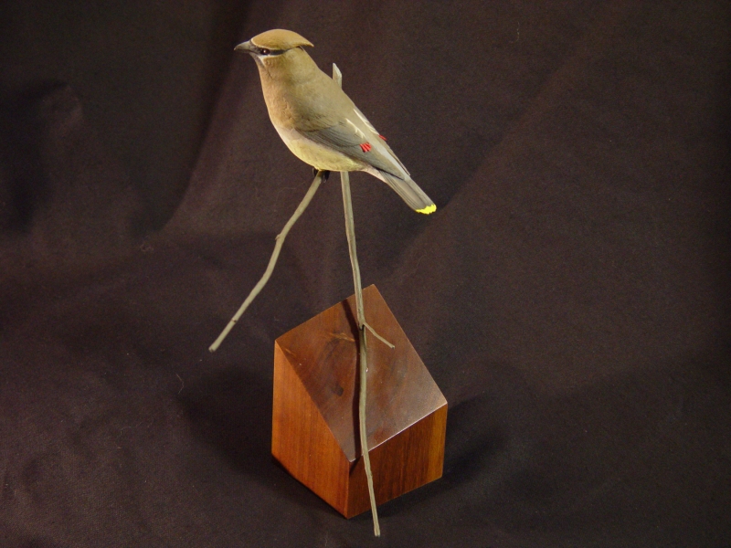 Carved cedar waxwing with its base