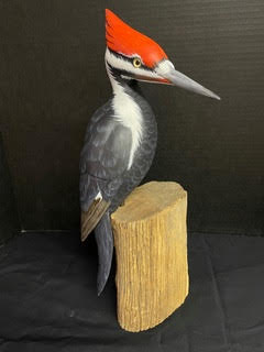 Carved pileated woodpecker, view one