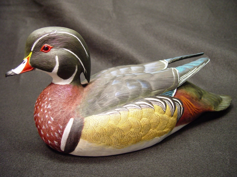 Carved wood duck, broadside view